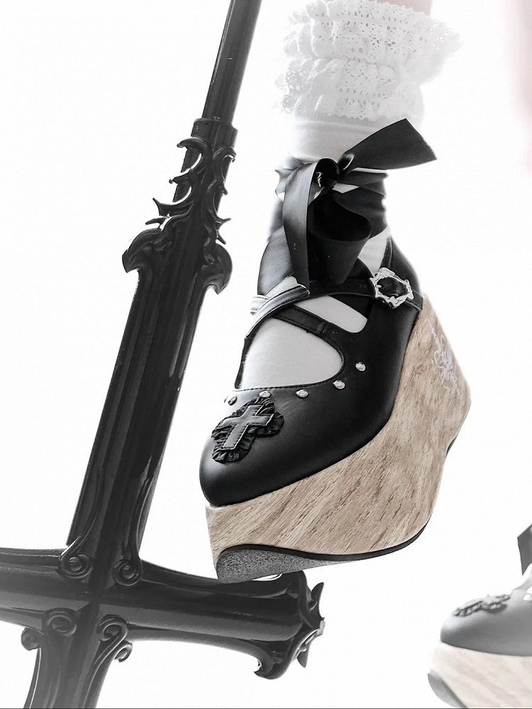 Cross Gothic Black Heel Applique 7cm and Platform Shoes with Lace-up Ankle