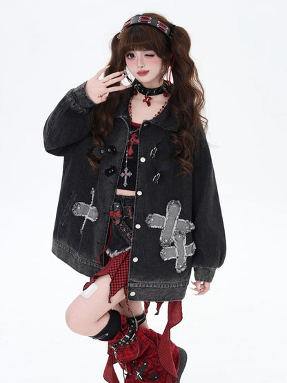 Punk Rock Studs Crosses Black Loose Denim Jacket