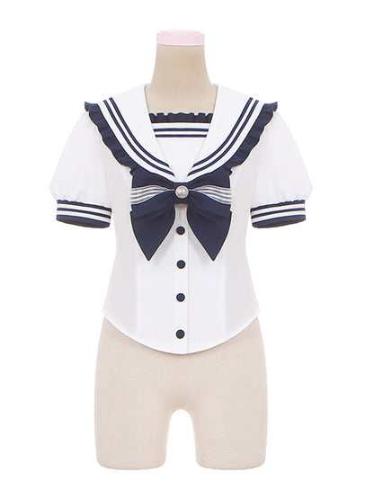 Sweet Lolita Blouse Accent Blue Bow Sailor Collar Navy Ruffled