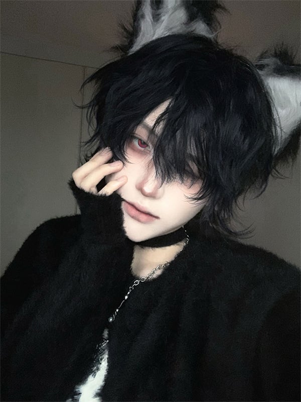 Dark Blue Short Wavy  Boy Style Wig