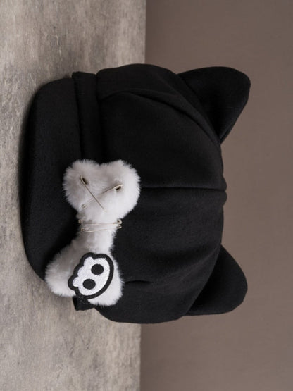 Applikation Baskenmütze Knochen Pin Katze Hut Plüsch Skelett Design verziert Ohr Gothic schwarz