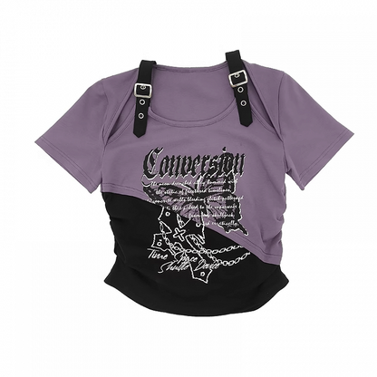 Butterfly Print T-Shirt Short Colorblock Cutout Shoulder Version Red/Pink/Purple Y2K