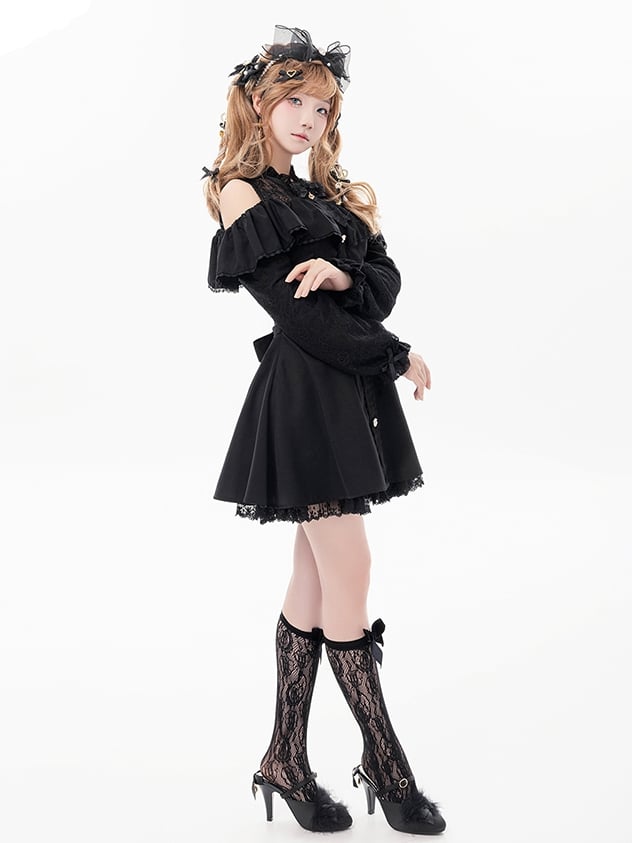 Black Illusion Neckline Cutout Shoulder Jirai Kei Long Sleeves Dress with Bow Tie