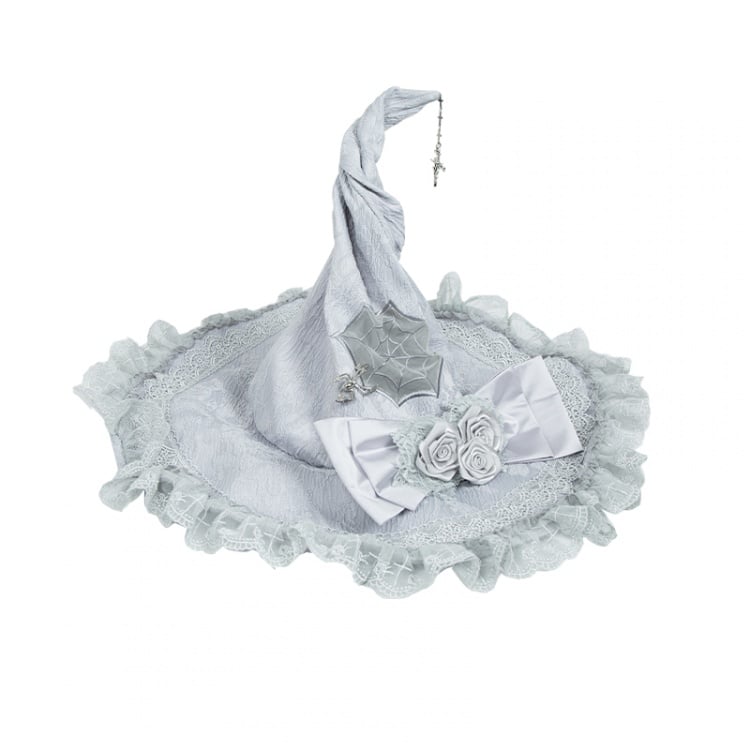 Silver Gray Spider Web Witch Hat Spider and Rose Bowknot