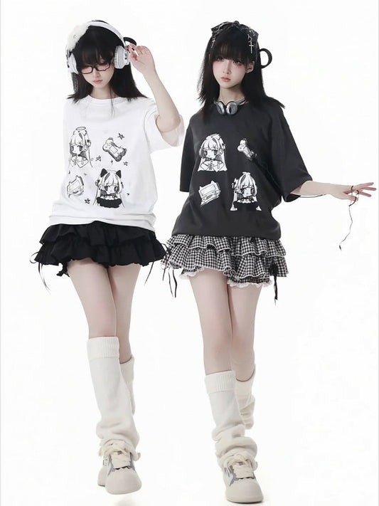 Gray T-shirt Anime Girl Print White/Dark Round Neck Cotton