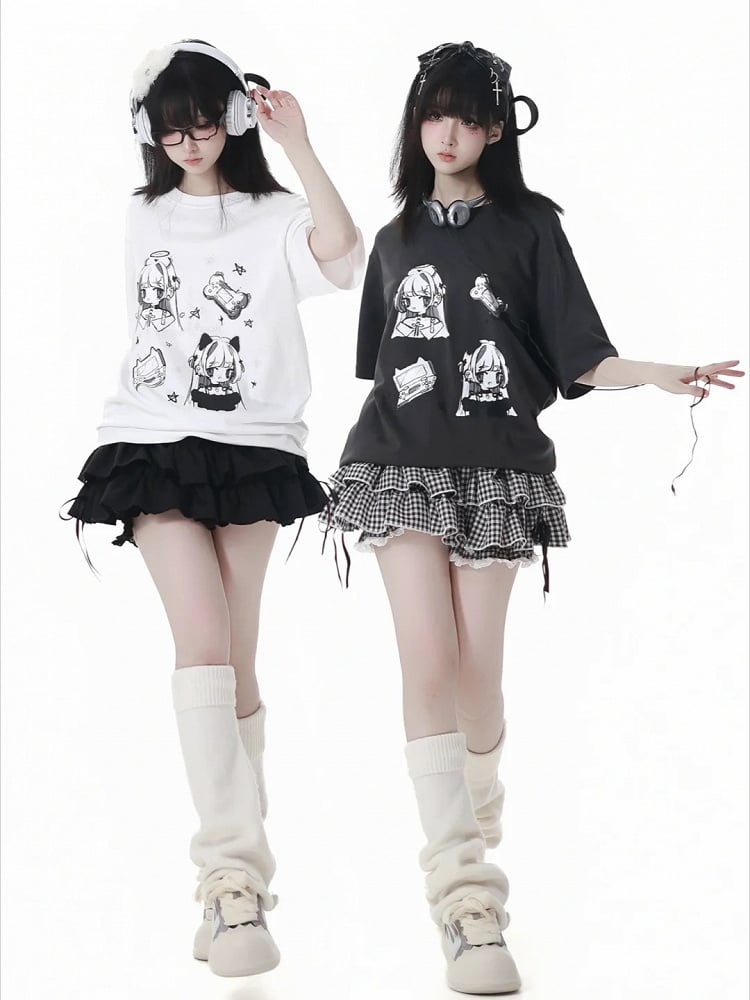 Anime Girl Print Weiß/Dunkel T-Shirt Grau Rundhals Baumwolle