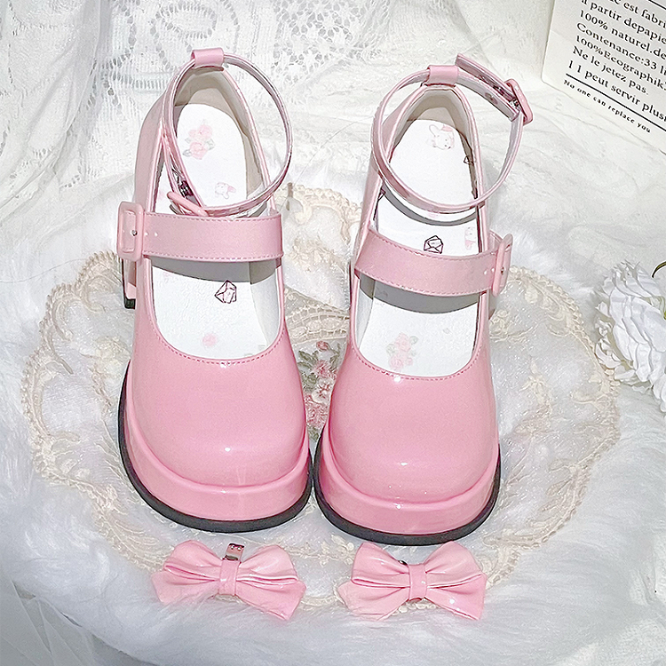 Gradient Pink Detachable Bowknot Platform High Block Heels Lolita Shoes