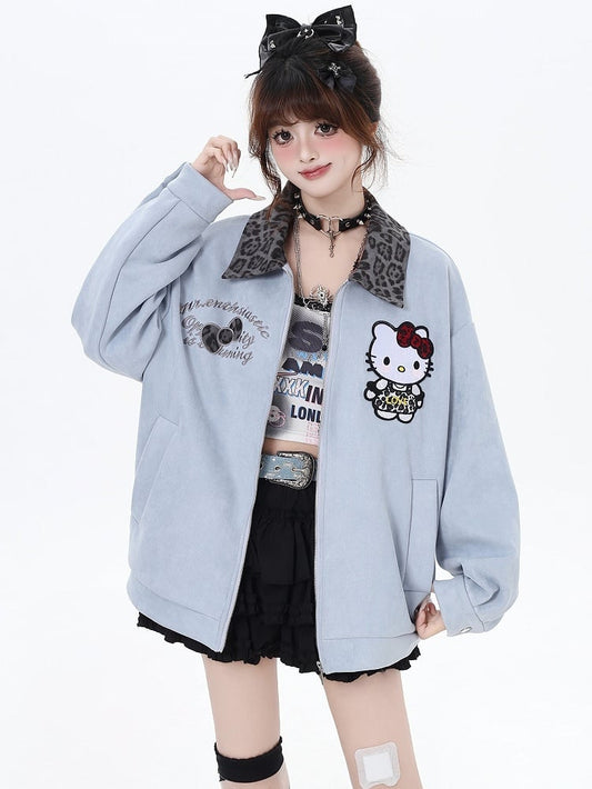 Veste de baseball à col léopard Blue Kitty