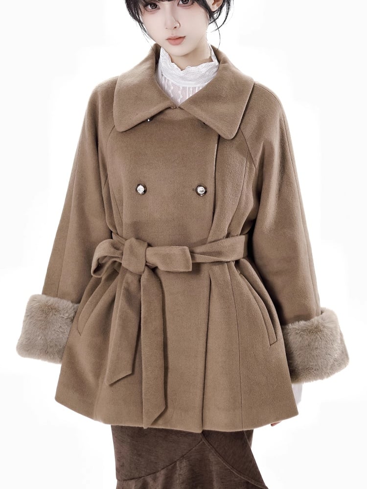 Coffee Baggy Long Sleeves Detachable Plush Cuffs Coat