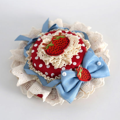 Details Mini Blue with Hat Red Strawberry Polka-dot Applique Bowknot Pattern