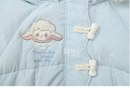 Blue Cute Lamb Applique Bowknot Details Hooded Down Coat Short Version