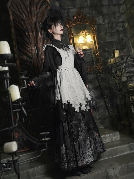 Gothic Necklace Black Top Han Lolita Skirt Bonnet Long Apron Horse-face - Set +
