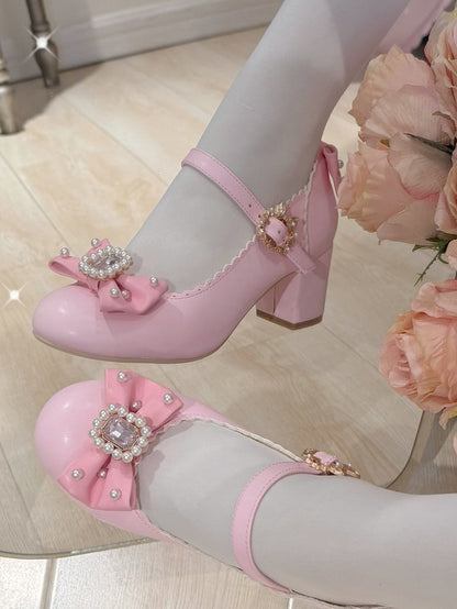 Schuhe Janes Bowknot Strass verziert und rund Mary Lolita Details Perlen Zehen rosa