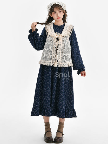 Dark Blue Floral Ruffle Neckline Mori Kei Floral Dress