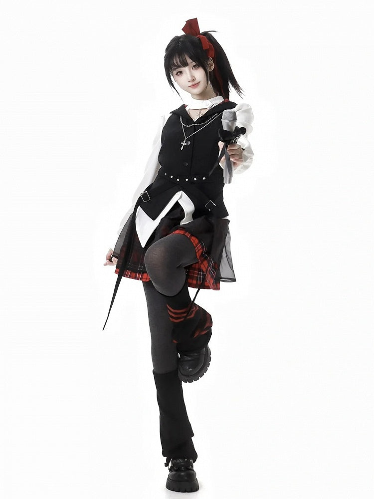 Rock mit Schnalle Mesh Overlay Rot Plaid Muster Gürtel Hexagramm Stickerei Idol