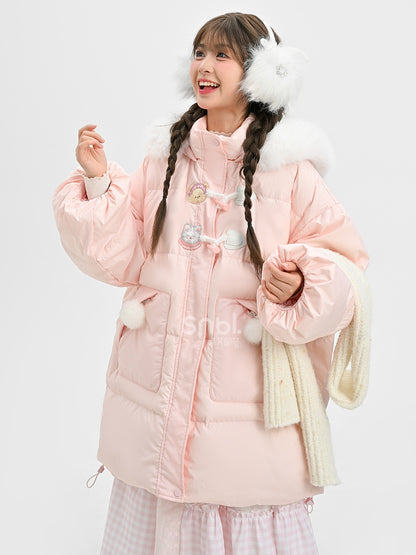 Pink Cute Bear and Kitty Plush Trim Hooded Down Coat