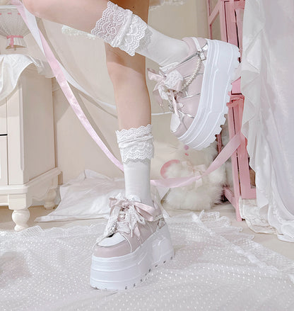 Chaussures à plateforme Jirai Kei en strass roses avec chaîne de perles amovible