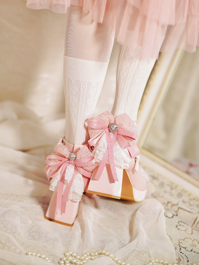 Pink High Trim Lace Heels Heart Top Bow at Block Buckles Knotted