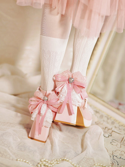 Pink High Trim Lace Heels Heart Top Bow at Block Buckles Knotted