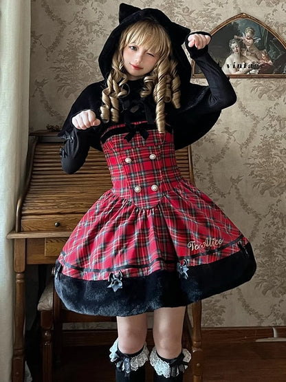 Robe à carreaux avec ourlet en peluche et oreilles de chat rouges de Noël, jupe pull Lolita