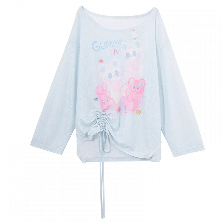 Blue/Pink Cute Semi-sheer Hem Cartoon Print Drawstring Top