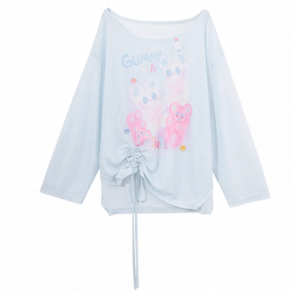 Blue/Pink Cute Semi-sheer Hem Cartoon Print Drawstring Top