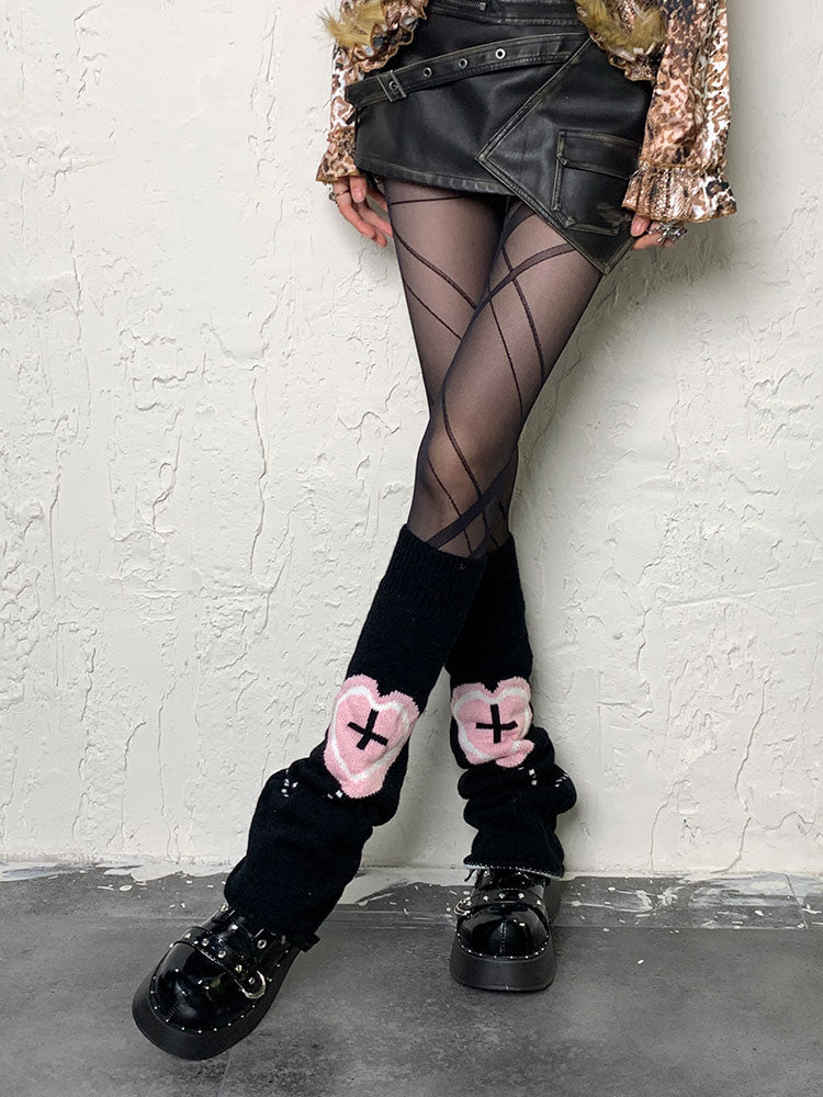 Yami Kawaii Black Y2K Heart Cross Pattern Leg Warmers