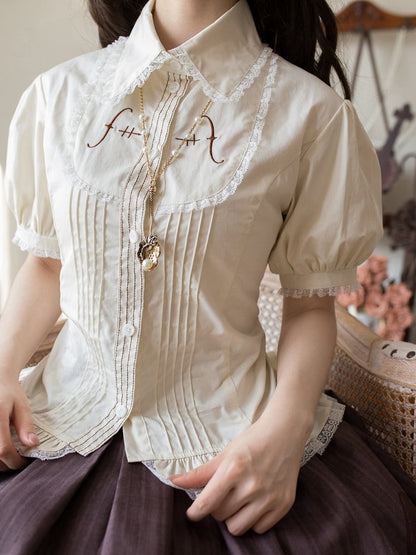 Beige Pleated Bodice Short Puff Sleeves Shirt