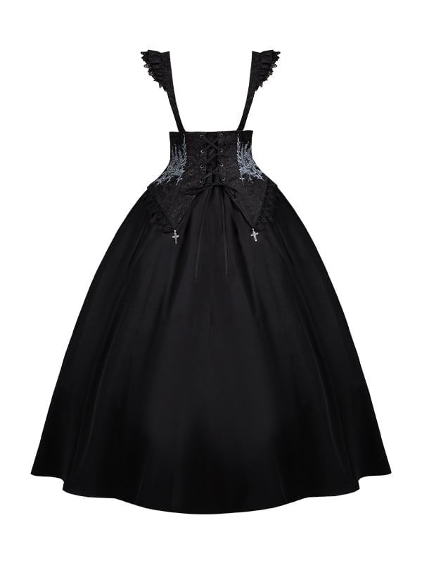 Black Under Bust Boned High Wast Gothic Lolita Skirt with Detachable Straps Long Version
