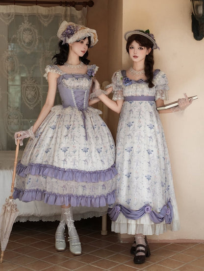 Full Lolita Print Iris Floral Boned Bodice Dress Set Corset Classic Purple JSK