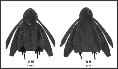 Dark Grey Lace-up Detail Bunny Ears Fluffy Hooded Cardigan