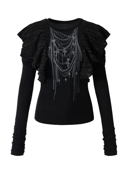 Chain Print Juliette Flutter with Black Gothic Overlays Top Punk Sleeve