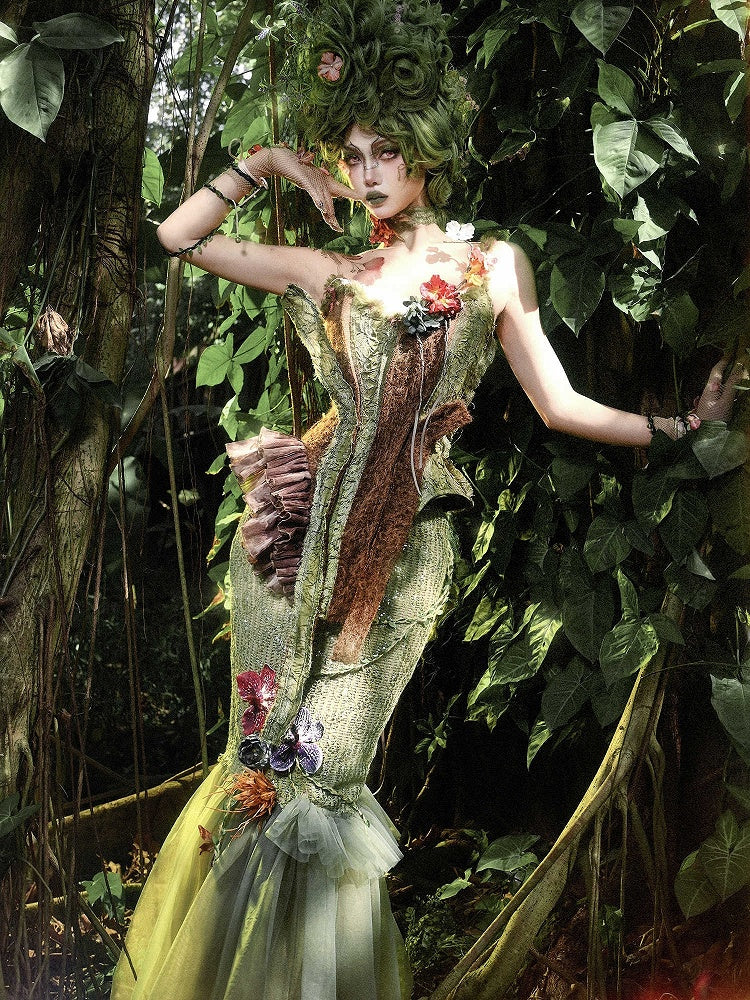 Forest Decorated Skirt Fairy Goth and Hem Tulle Floral Double Layers Green Butterfly Mermaid