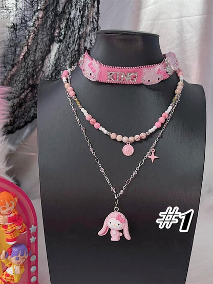 Kitty Pendant Multi-layers Pink Beaded Necklace