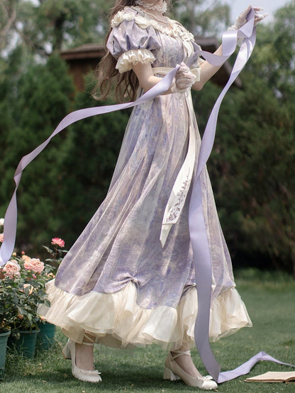 Classic Empire Maxi Piece Purple Lolita Oil One Elegant Waist Painting Dress Print