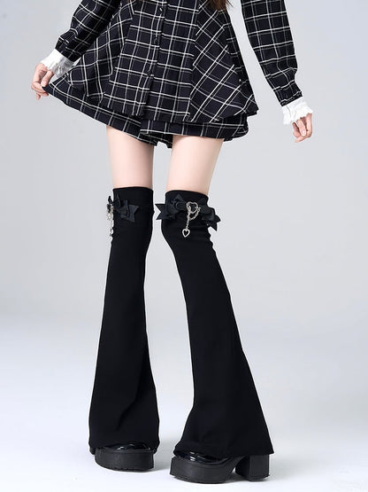 Jirai Kei Black/White Bowknot Buckle Strap Overknee Leg Warmers