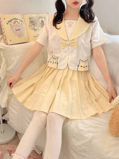 Yellow & White Sailor Collar Kitty Embroidery JK Uniform Top