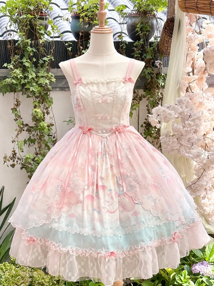 Robe Lolita rose à taille basque, imprimé pêche et fleurs de pêcher JSK