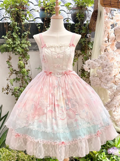 Robe Lolita rose à taille basque, imprimé pêche et fleurs de pêcher JSK