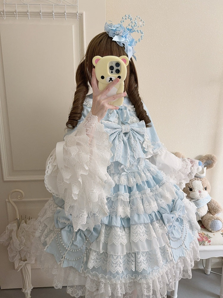 Lolita Skirt Dress Big Bows Decoration Hanayome Blue Tiered