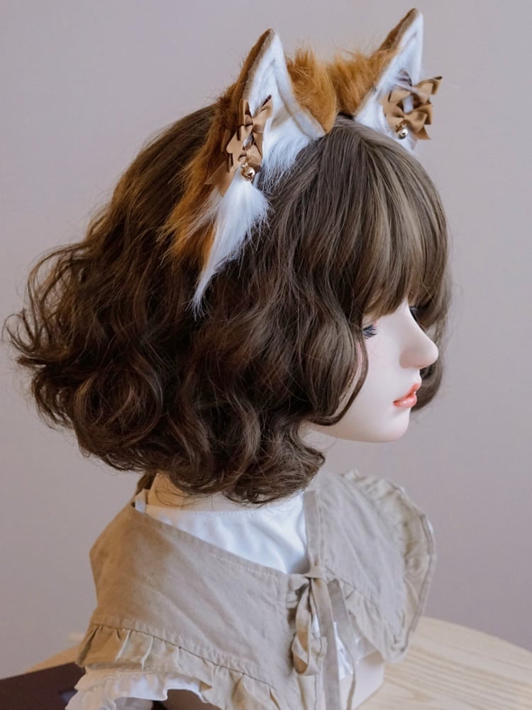 Bowknot Charm Ear Plush Brown Details Bell Cat KC