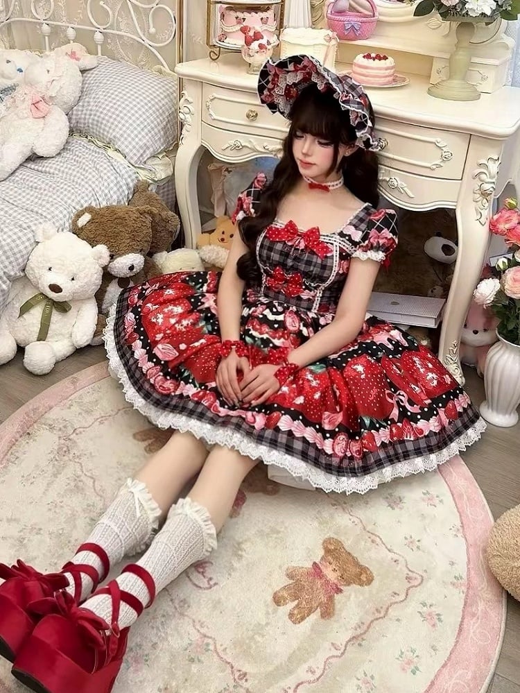 XXL Bust Apron Plaid Print with for 96-111CM Pattern Black Strawberry Sweet Dress Clearance-Size Summer and Lolita