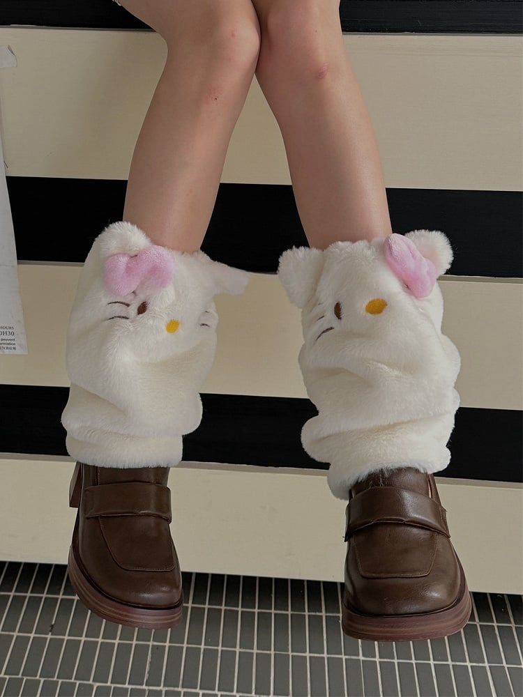 White Cute Kitty Plush Leg Warmers