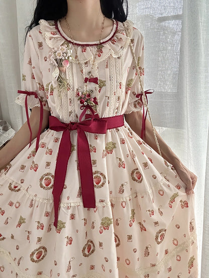 Strawberry Print Pink House Beige Short Sleeves Lolita Dress