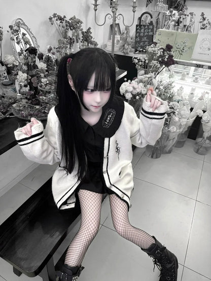 with Eye and Snake Embroidery Distressed Holes Knit Cardigan White