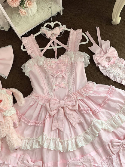 Pink and White Old School Lolita Dress Bows and Heart Shape Decoration Princess Lolita Jumper Skirt