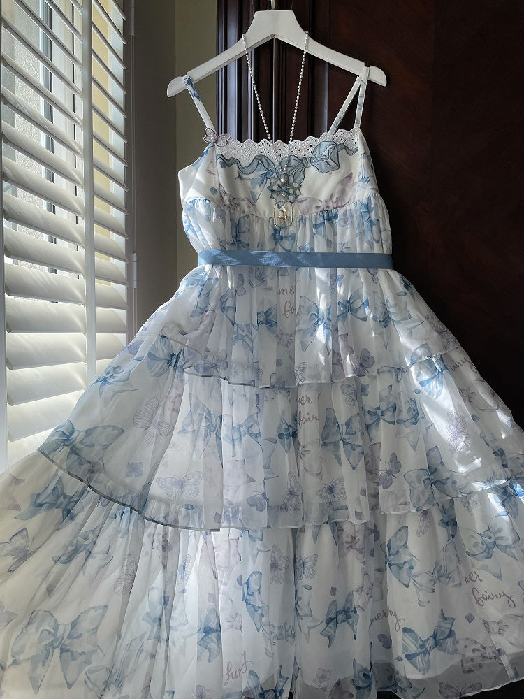 Robe Lolita d'été bleue taille haute avec imprimé nœuds et jupe à volants