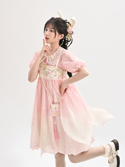 Ombre Style Spaghetti Strap Dress Empire Pink Waist Strawberry Embroidery Cheongsam