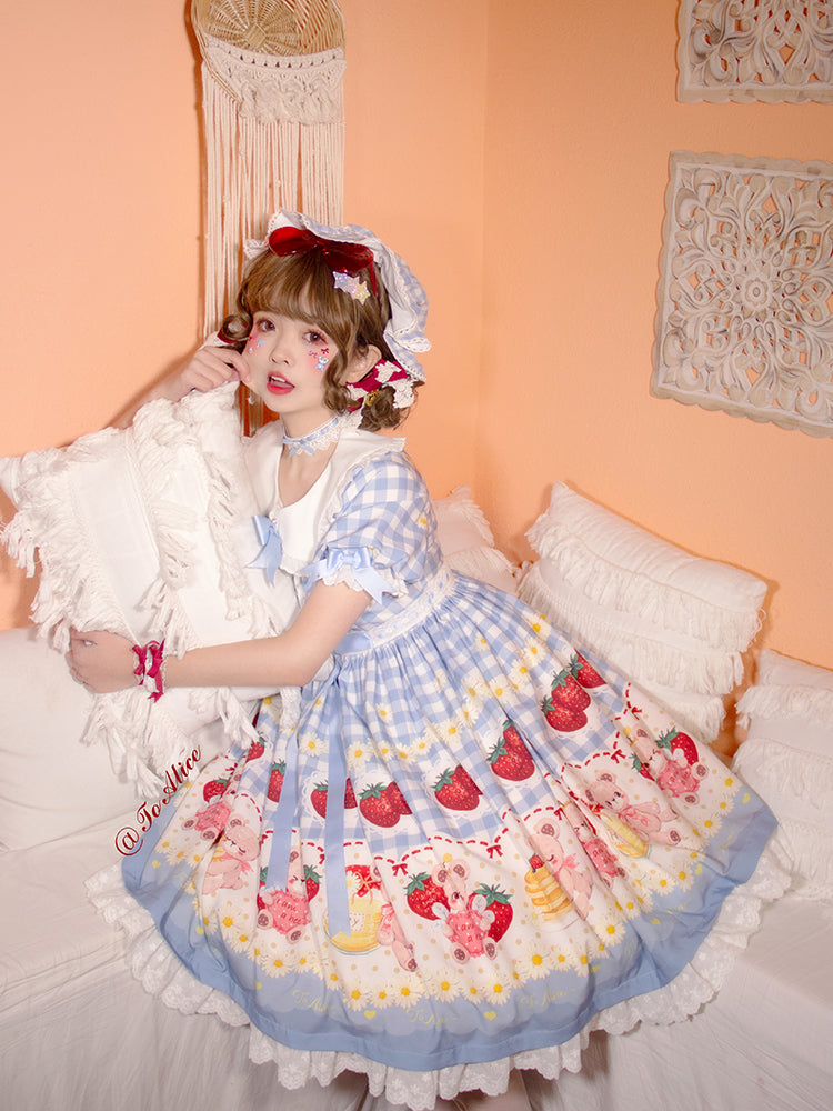 Light Blue/Wine Red Plaid Strawberry and Bear Print Cottagecore Country Dress Sweet Lolita OP