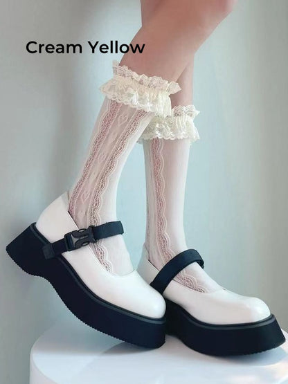 White/Cream Yellow Ruffled Lace Cuff Calf Socks